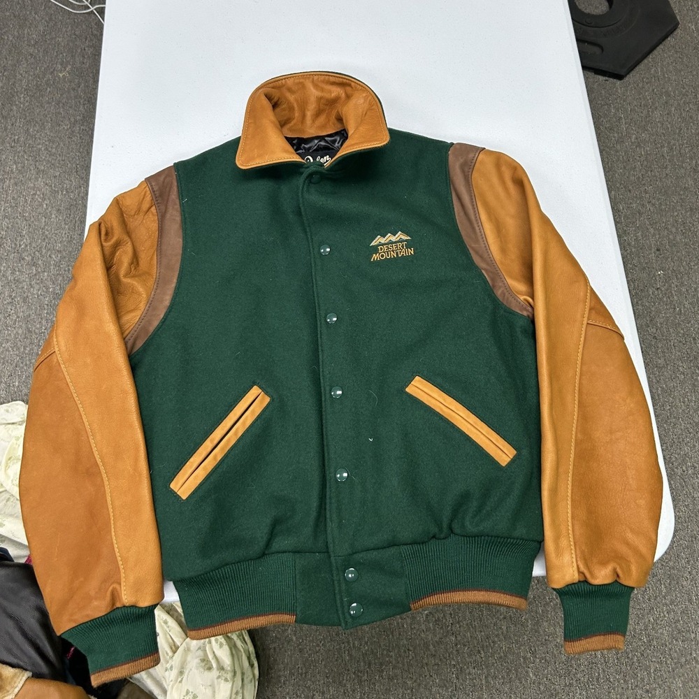 Dehen Varsity Jacket Mens Medium Green Tan Wool Leather Saguaro Forest USA Made